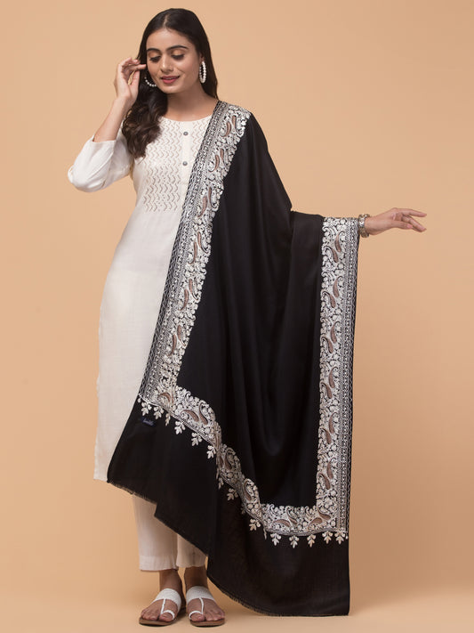 tweedle Kashmiri Aari Embroidery Shawl for Women - Black (40 x 80 inches)
