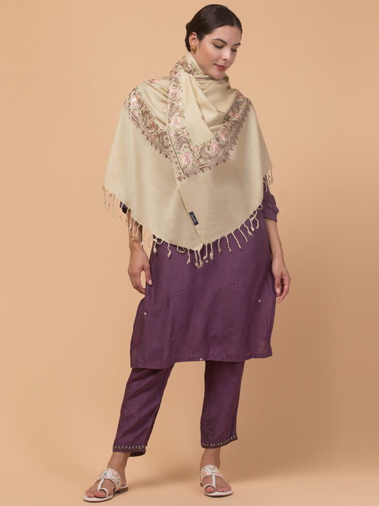 Acro Wool Stole / Wrap with Aari Embroidery Border - Off White