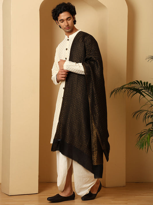 Tweedle Men’s Reversible Pashmina Wool Stole with Floral Zari Weave - Black