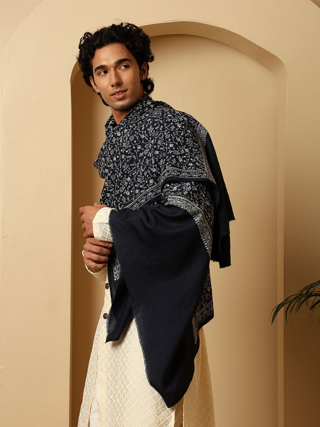 Tweedle Traditional Pure Wool Dupehra Kashmiri Embroidery Shawl for Men - Navy Blue
