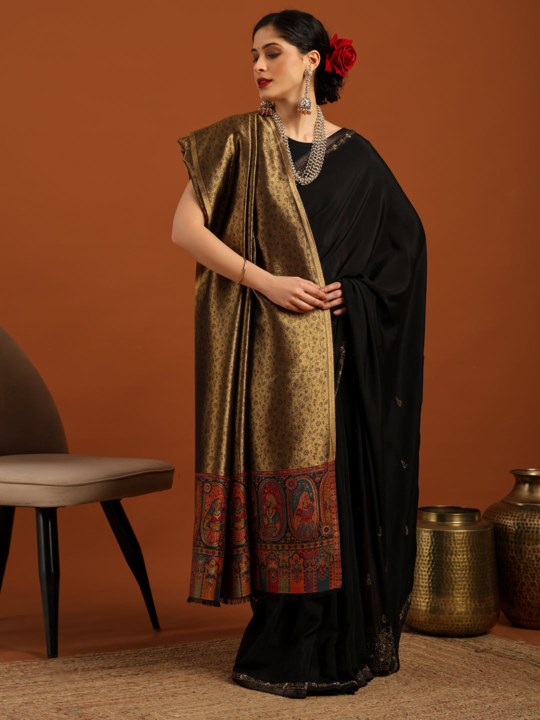 Woven Design, Ethnic Motifs Zari Shimmer Shawl for Women – Black