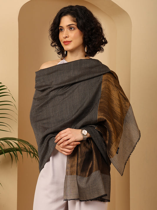 Tweedle Women’s Fine Wool Stole with Striped Zari Palla - Black