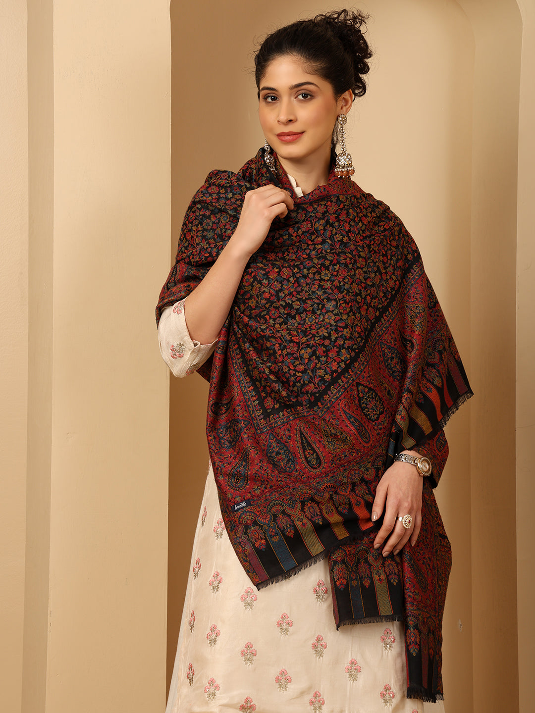 Tweedle Women’s Blended Wool Rajeshwari Kashmiri Kani Shawl - Black