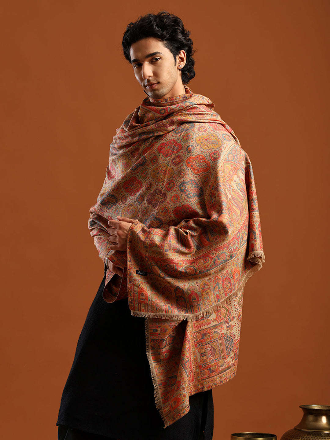 Tweedle Wool Blend Kani Shawl for Men – Beige, Size – 40x80