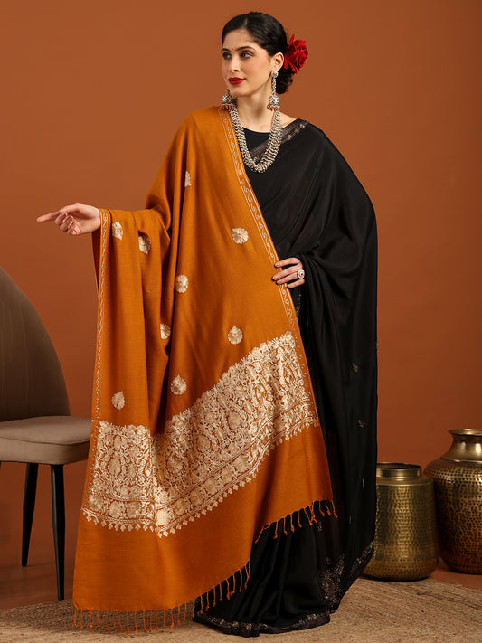 Tweedle Women’s Kashmiri Aari Embroidery Shawl / Stole - Mustard, Size - 40 x 80 inches