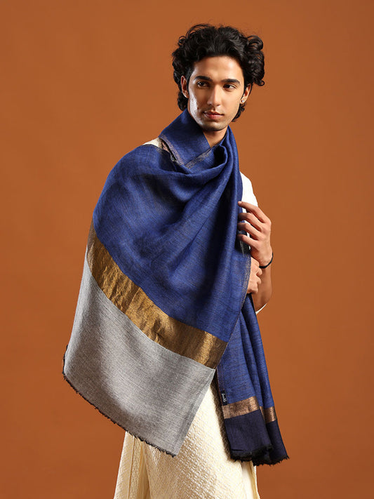 Tweedle Men’s Pashmina Wool Stole with Reversible Double Palla Zari Design - Blue