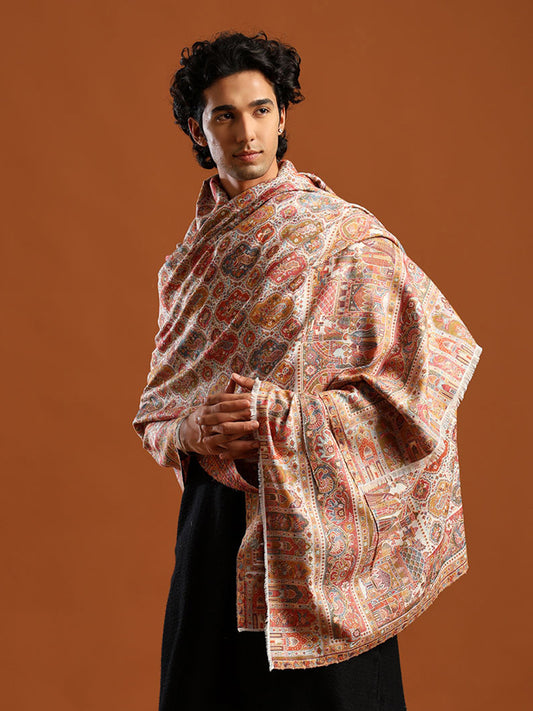 Tweedle Wool Blend Kani Shawl for Men – White, Size – 40x80