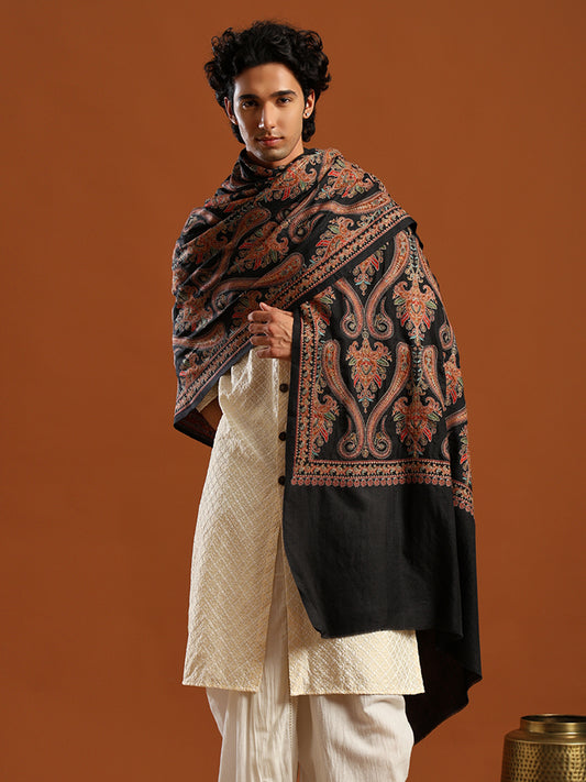 Tweedle Men Pure Wool Sozni Embroidery Shawl - Black, Size - 40x80
