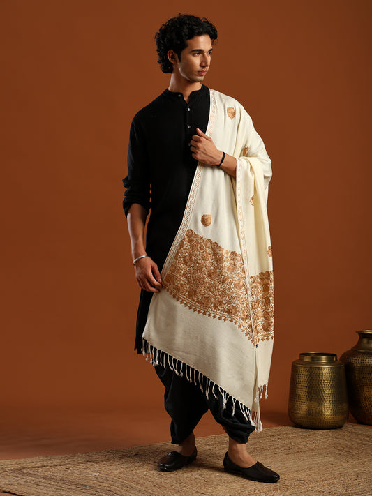 Tweedle Men’s Kashmiri Aari Embroidery Shawl / Stole - Off-White, Size - 40 x 80 inches