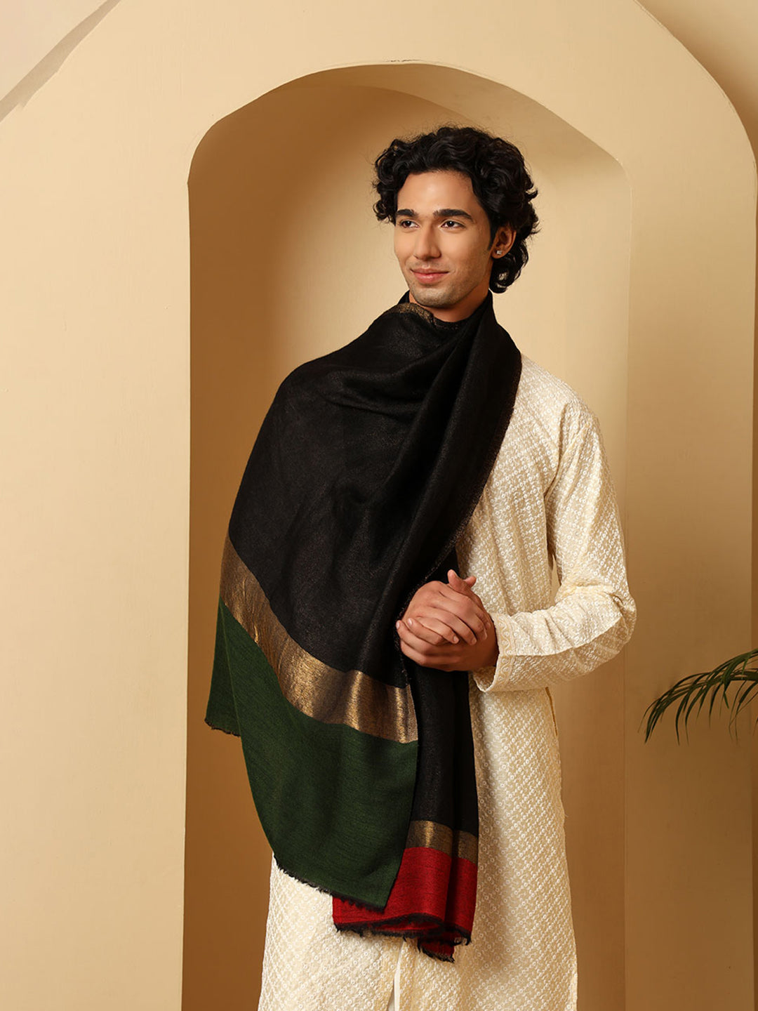 Tweedle Men’s Pashmina Wool Stole with Reversible Double Palla Zari Design - Black