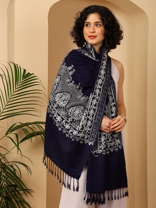 Tweedle Women’s Kashmiri Aari Embroidery Stole/ Scarf - Navy Blue, Size - 28 x 80 inches