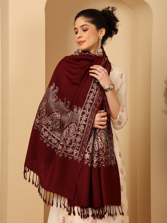 Tweedle Women’s Kashmiri Aari Embroidery Stole/ Scarf - Maroon , Size - 28 x 80 inches