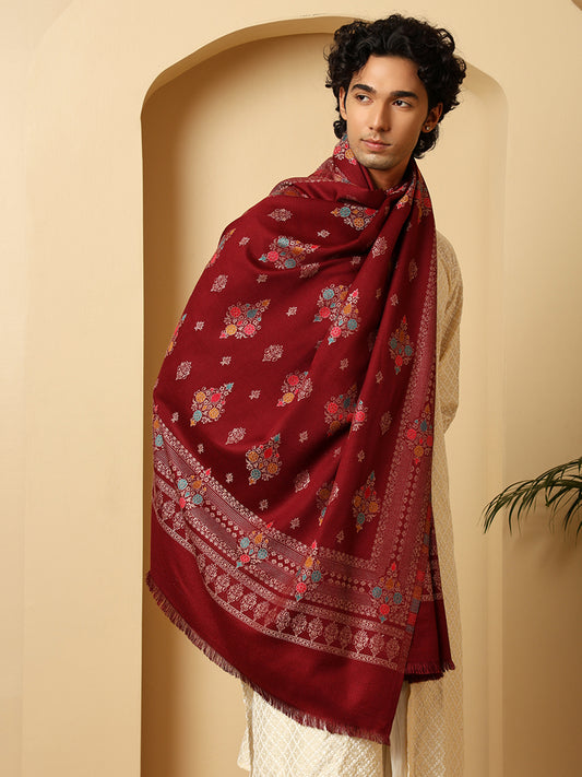 Tweedle Men’s Ethnic Design Faux Wool Shawl - Maroon, Size - 40 x 80 inches