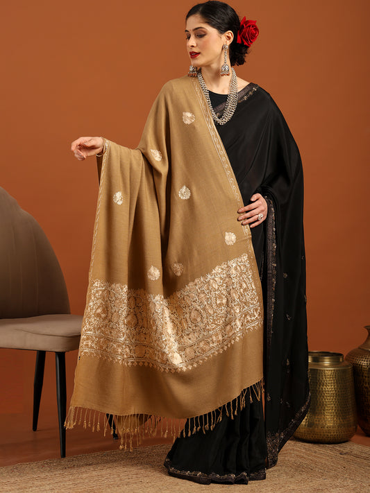 Tweedle Women’s Kashmiri Aari Embroidery Shawl / Stole - Beige, Size - 40 x 80 inches