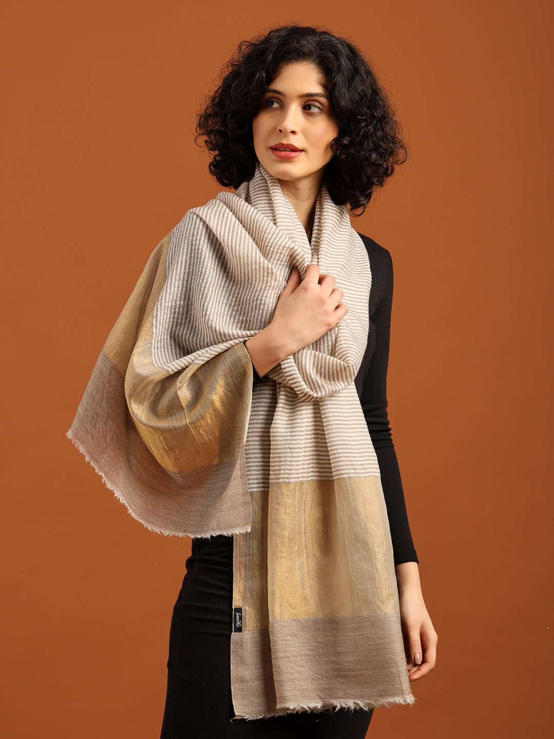 Tweedle Women’s Fine Wool Stole with Striped Zari Palla - Off-White