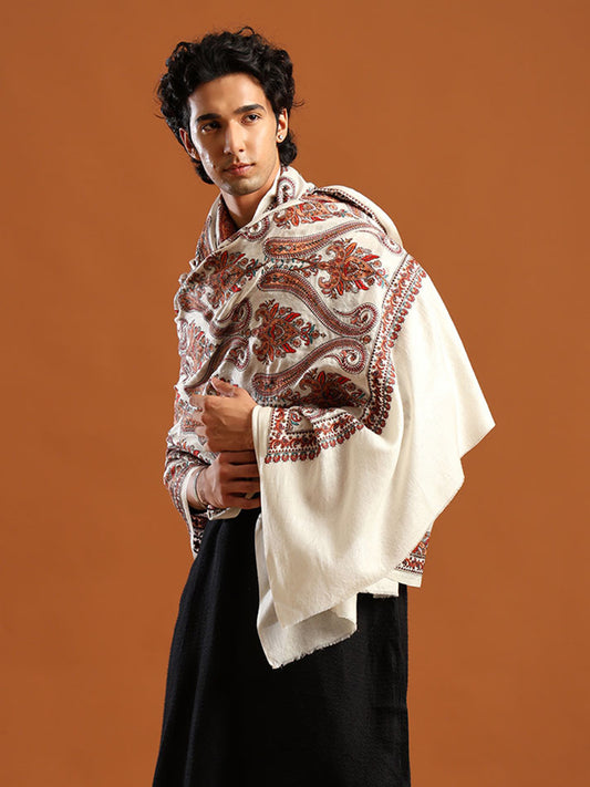 Tweedle Men Pure Wool Sozni Embroidery Shawl - White, Size - 40x80