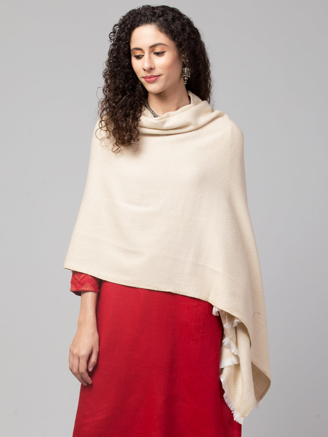 Tweedle Heringbone Design Super Soft Woolen Stole / Scarf for Women - Off-White (28 x 80 inches)