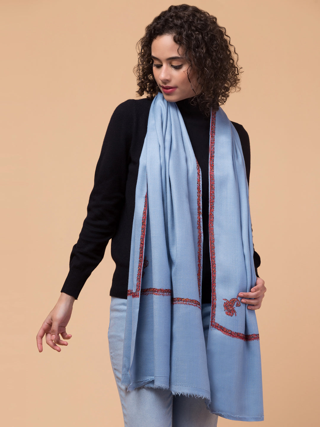 Fine Wool Plain Traditional Kingri Stole with Hand Embroidery Border - Light Blue