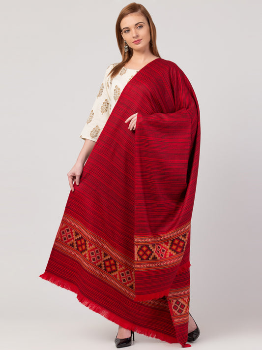 Ethnic Kullu Shawl for Women, Traditional Himachali Design with Tribal Motifs - Red