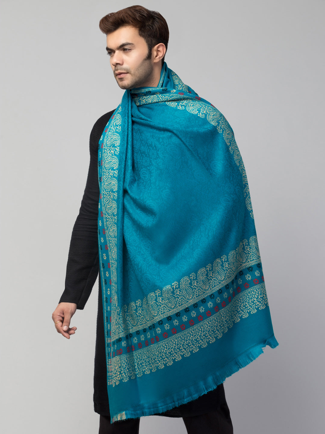 Jamawar Weave Plain Self Design with Border Shawl - Turquoise