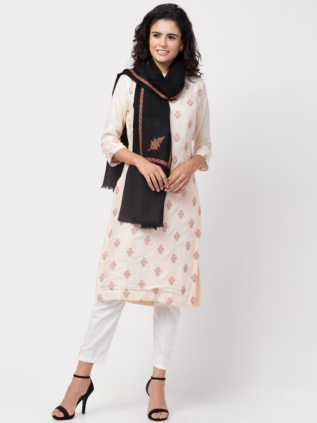 Fine Wool Plain Traditional Kingri Stole with Hand Embroidery Border - Black