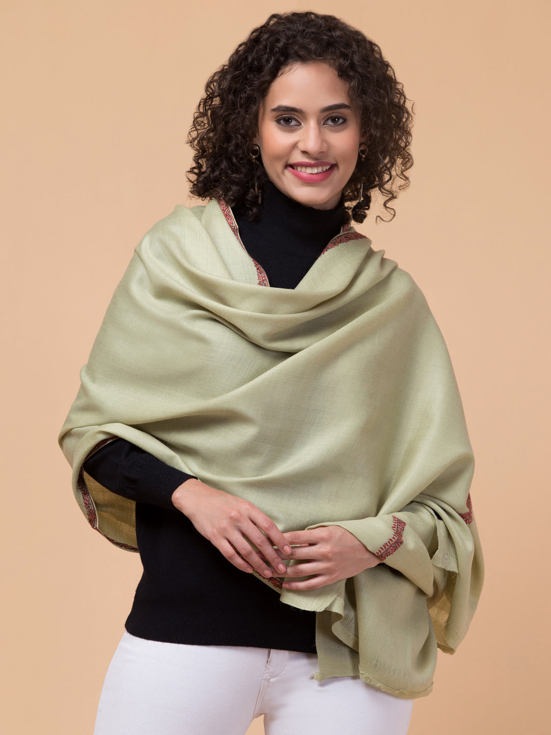 Fine Wool Plain Traditional Kingri Stole with Hand Embroidery Border - Light Green