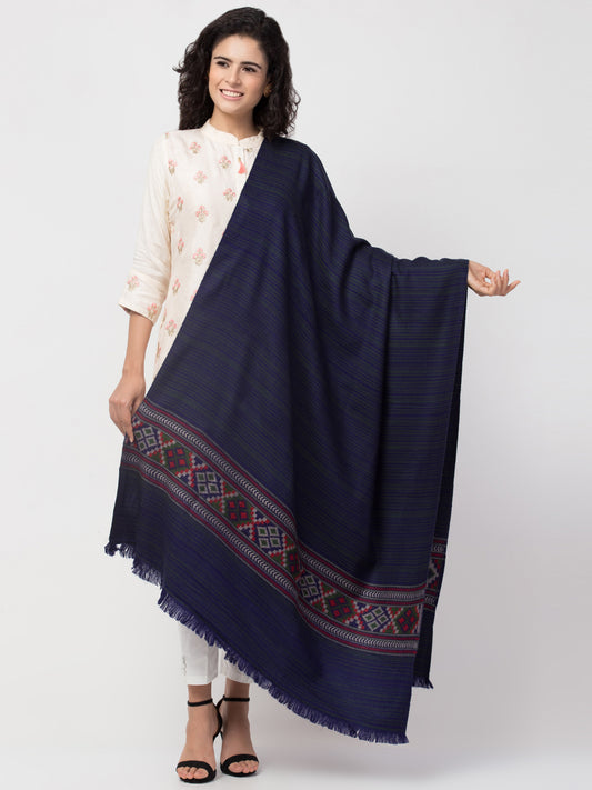 Ethnic Kullu Shawl for Women, Traditional Himachali Design with Tribal Motifs - Navy Blue