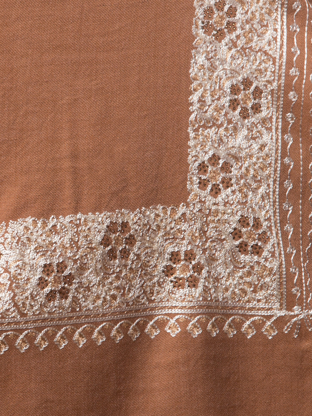 Fine Wool Embroidered Stole, Floral Pattern and Stone Work Border, Beige