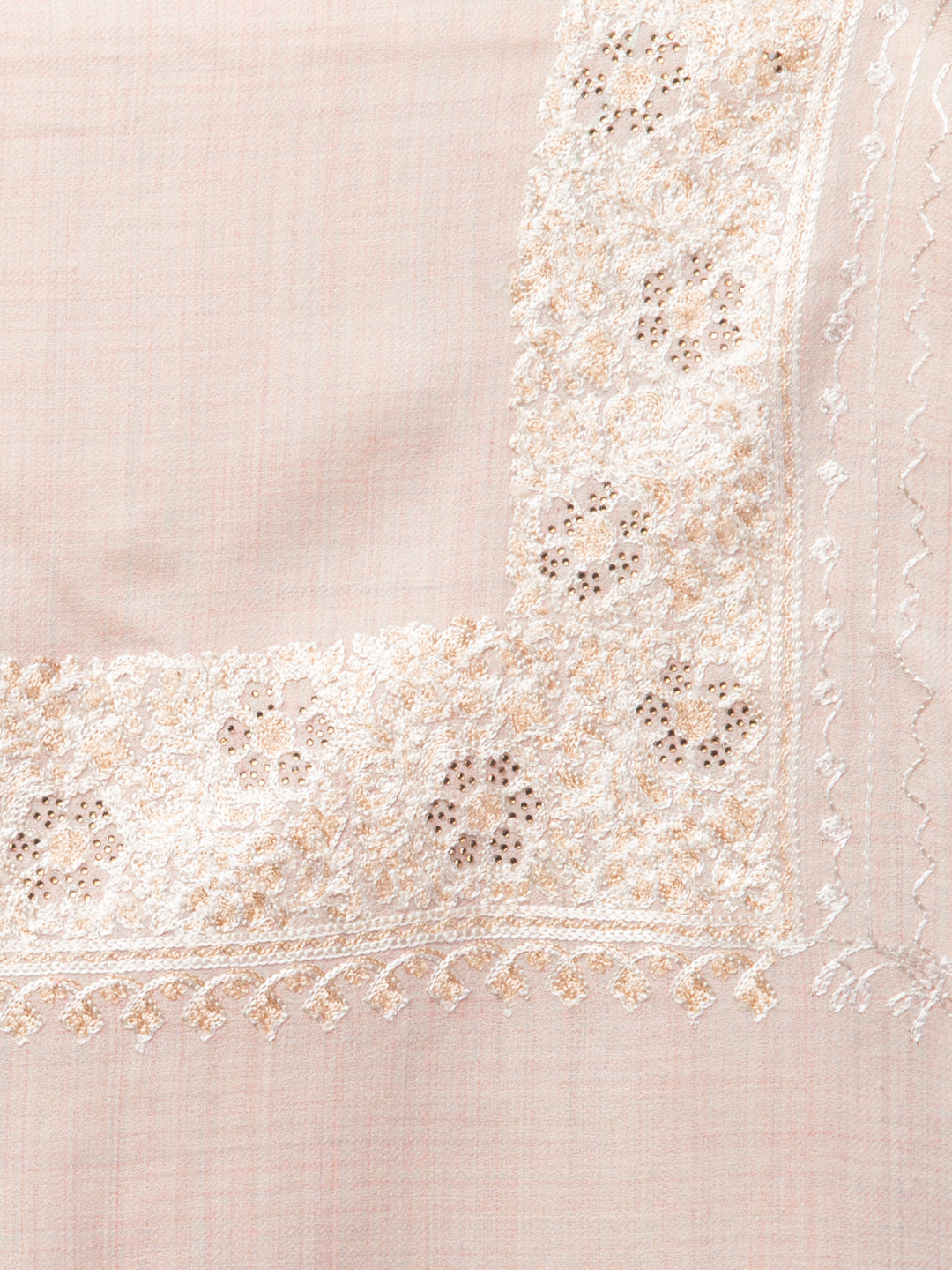 Fine Wool Embroidered Stole, Floral Pattern and Stone Work Border, Off White