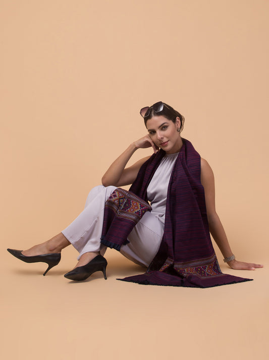 Ethnic Kullu Shawl for Women, Traditional Himachali Design with Tribal Motifs - Purple