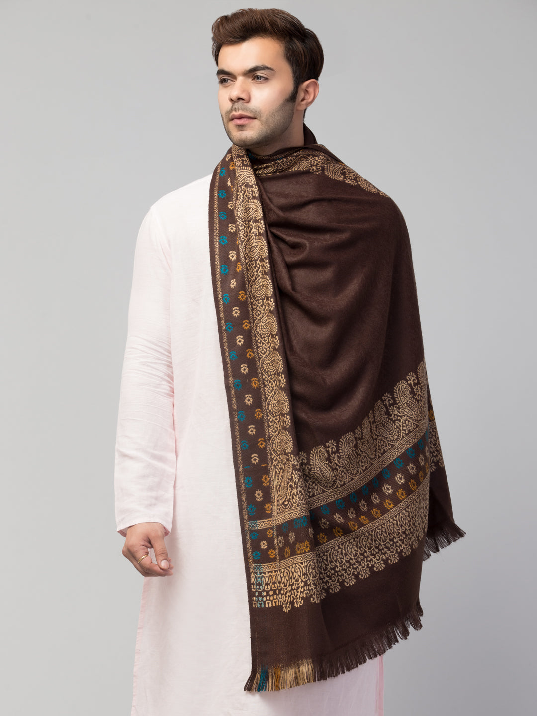 Jamawar Weave Plain Self Design with Border Shawl - Brown