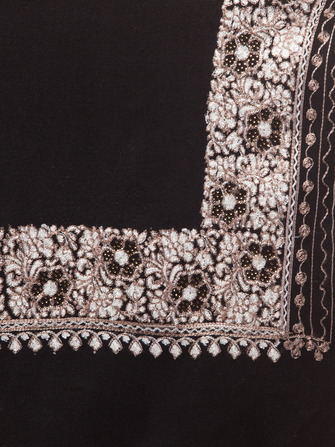 Fine Wool Embroidered Stole, Floral Pattern and Stone Work Border, Black