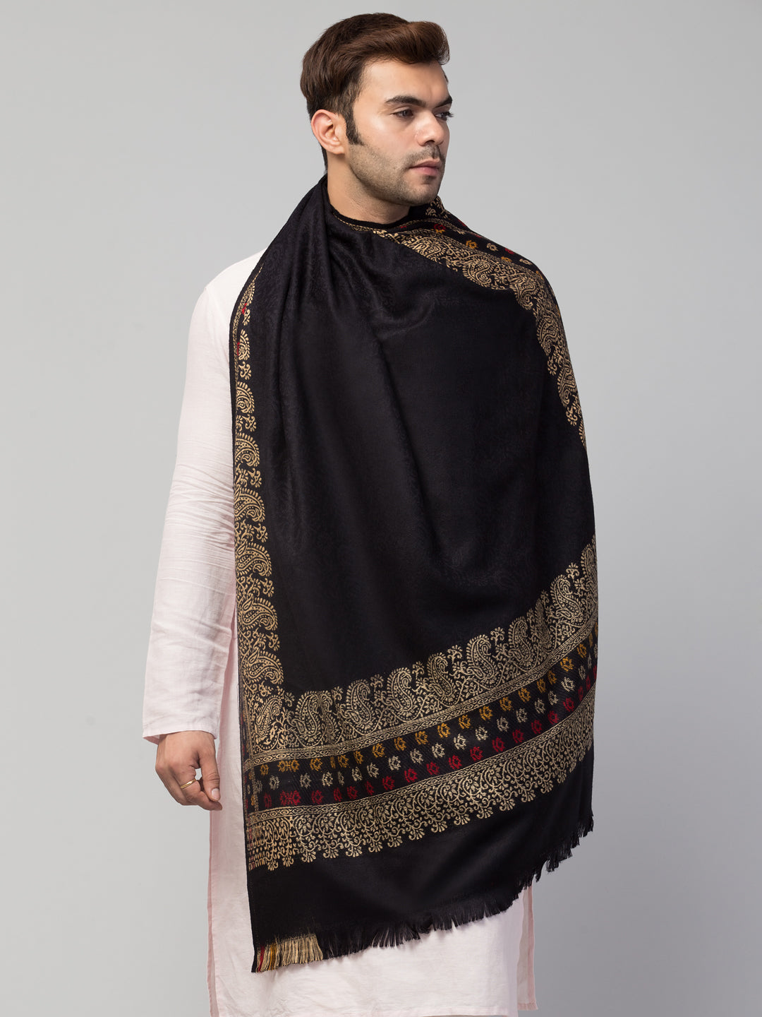 Jamawar Weave Plain Self Design with Border Shawl - Black
