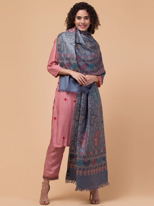 Ethnic Paisley Design Stole with Fringed Edges - Grey