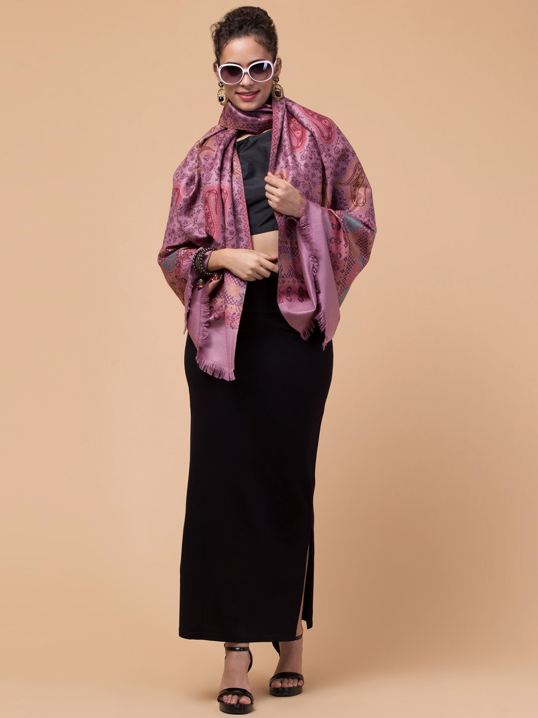 Ethnic Paisley Design Stole with Fringed Edges - Purple