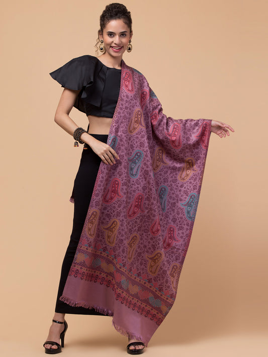 Ethnic Paisley Design Stole with Fringed Edges - Purple