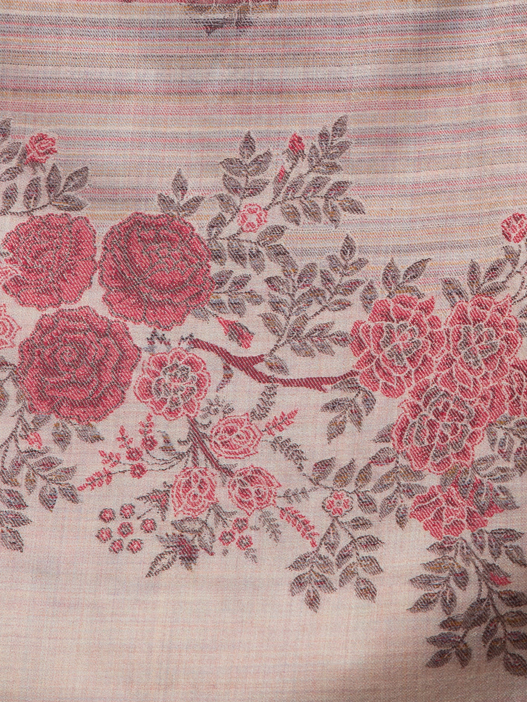 Fine Wool Ethnic Shawl with Rose & Stripes Fusion Design - Off White
