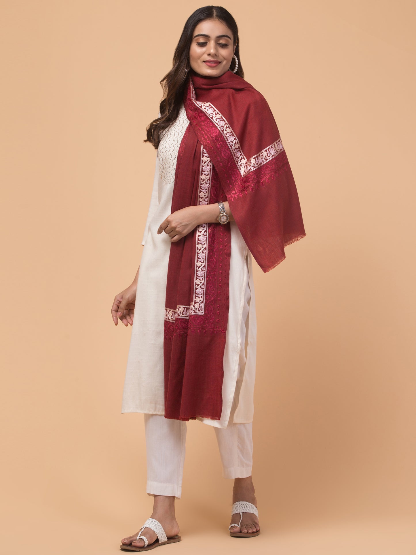 Tweedle Fine Wool Embroidered Stole for Women - Maroon, Size -28x80