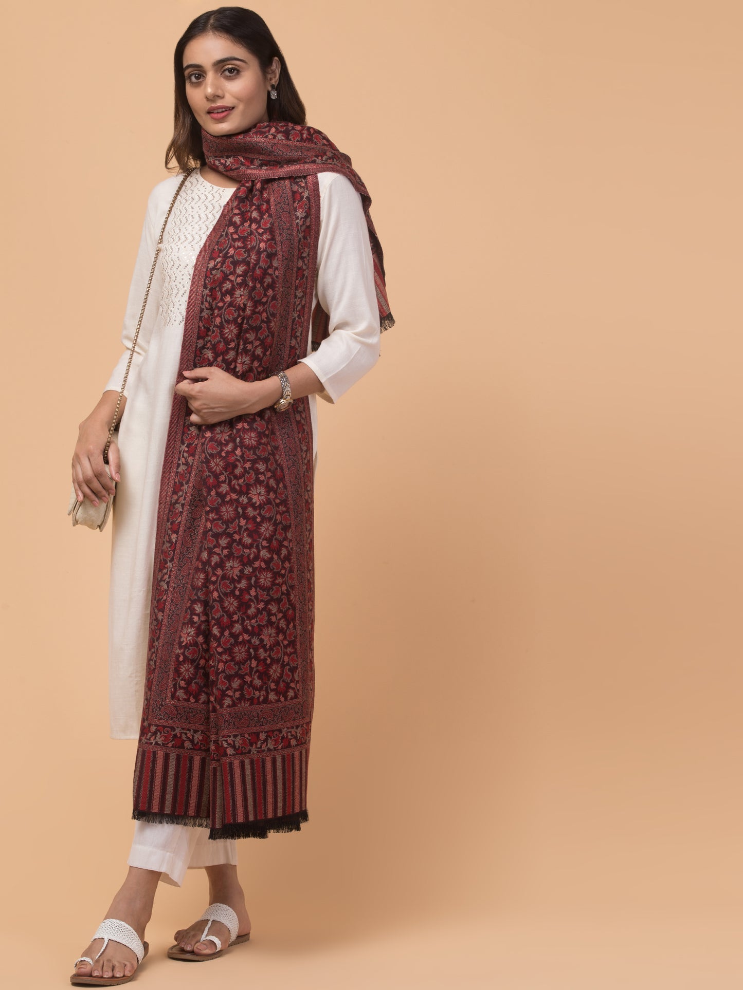 Ethnic Kashmiri Kani Design, Faux Pashmina Shawl - Wine