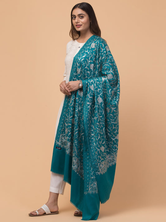 tweedle Kashmiri Aari Embroidery Shawl for Women - Turquoise (40 x 80 inches)