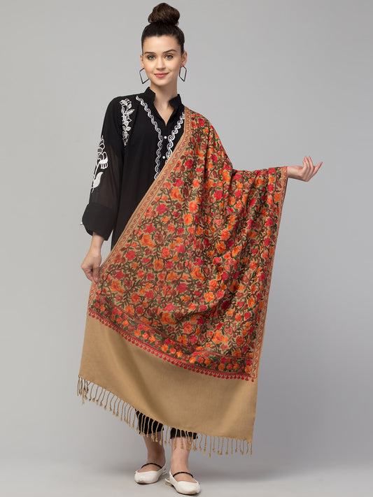 Cashmilon Wool Stole with all over Aari Embroidery - Beige
