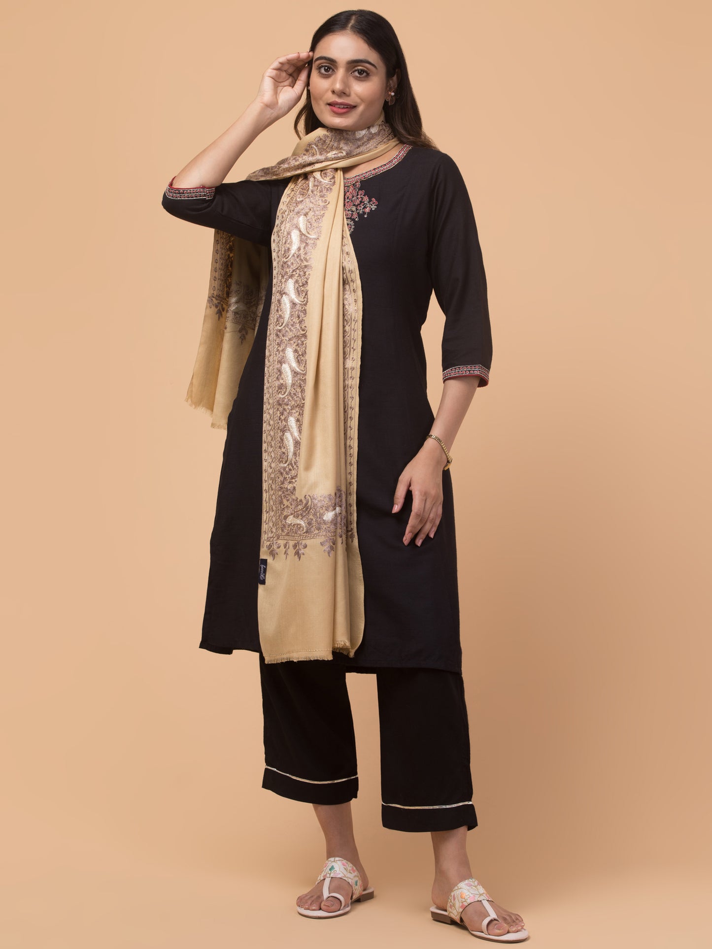 tweedle Kashmiri Aari Embroidery Shawl for Women - Beige (40 x 80 inches)