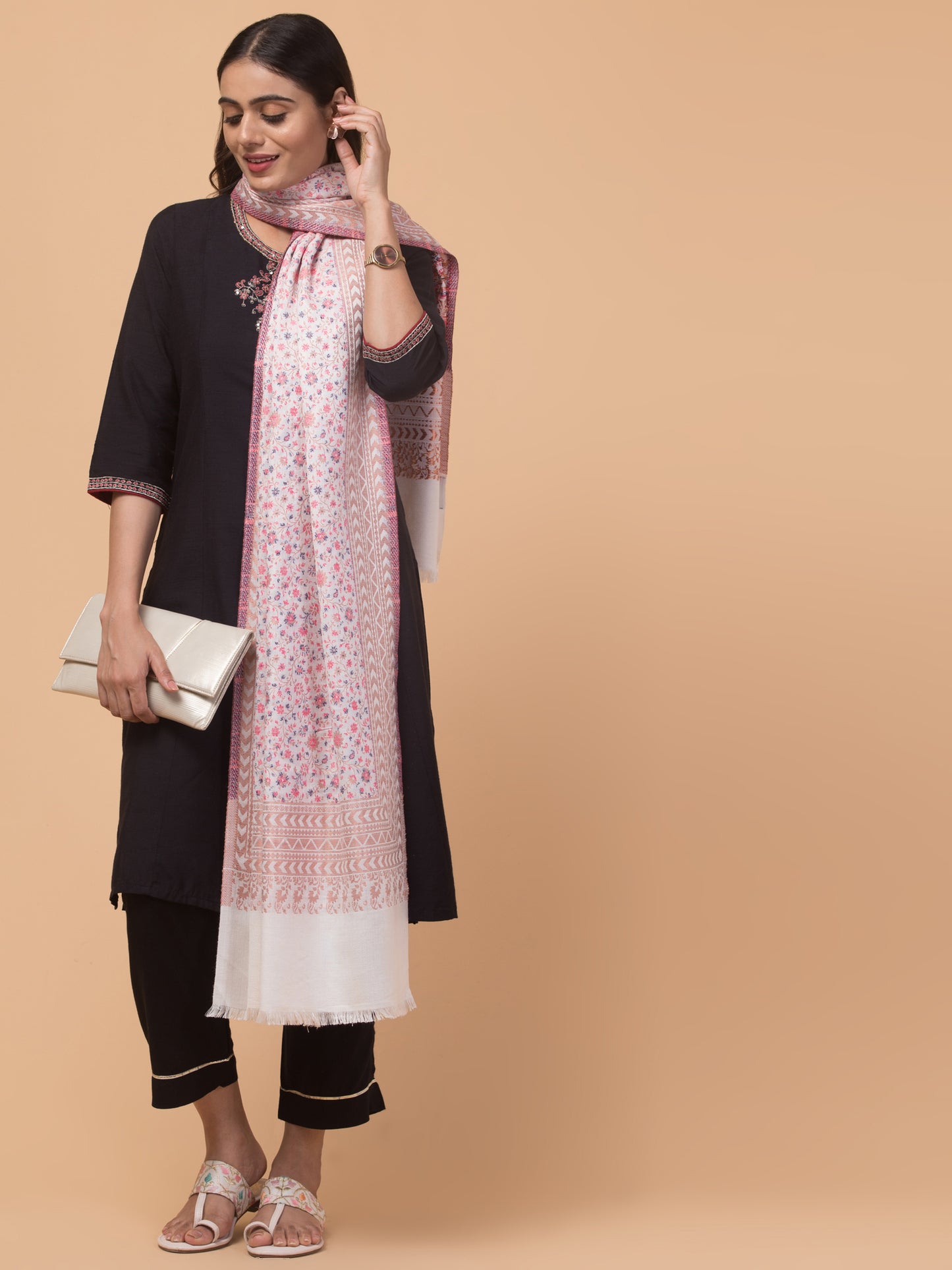 Floral Design Stole with Geometric Zari Border - White