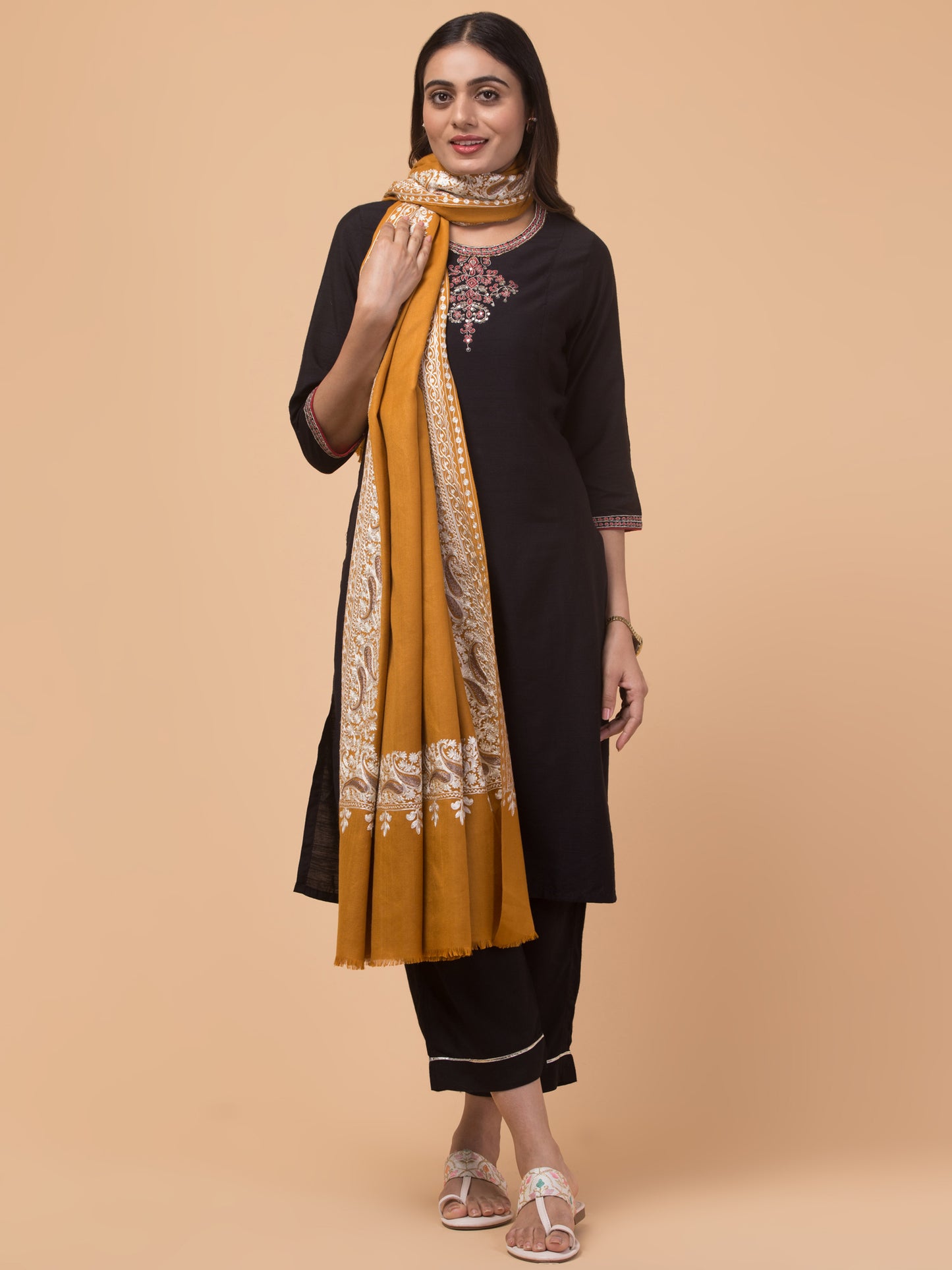 tweedle Kashmiri Aari Embroidery Shawl for Women - Mustard (40 x 80 inches)