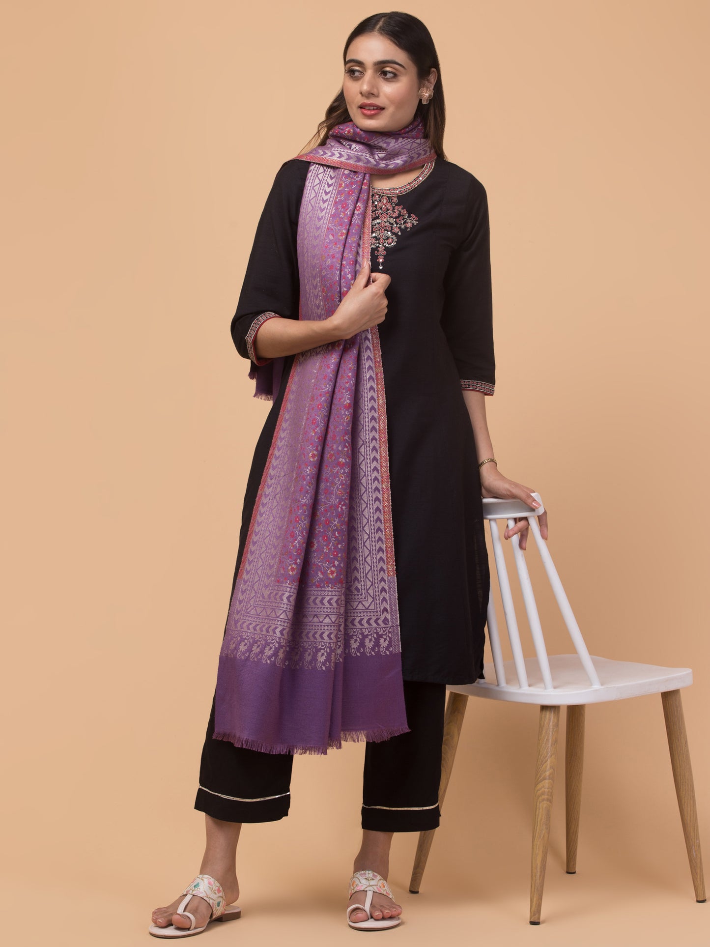 Floral Design Stole with Geometric Zari Border - Purple