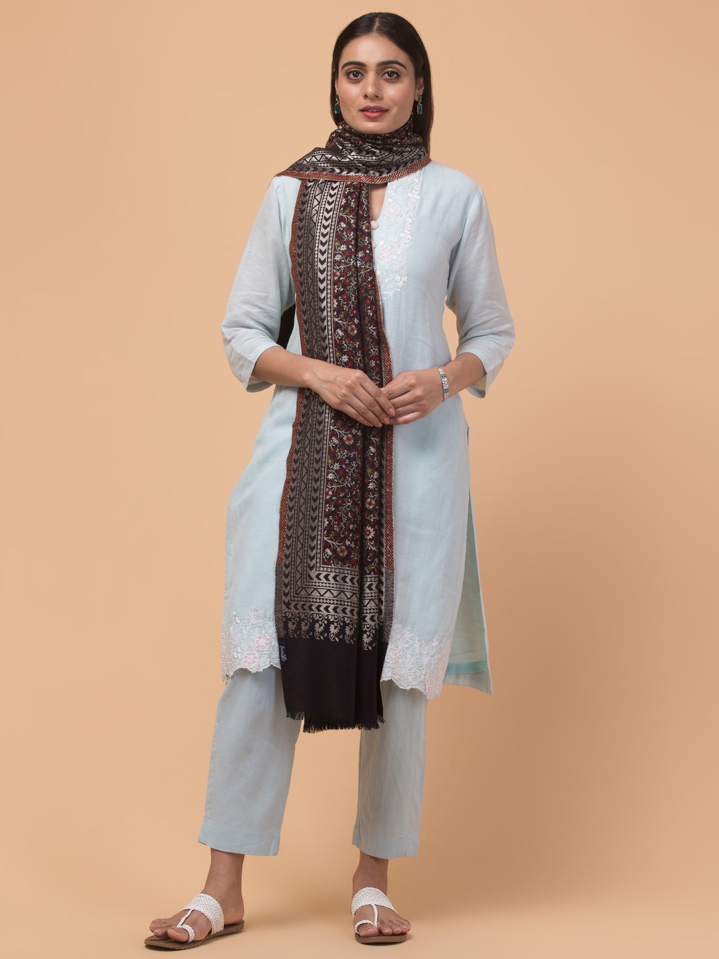 Floral Design Stole with Geometric Zari Border - Black