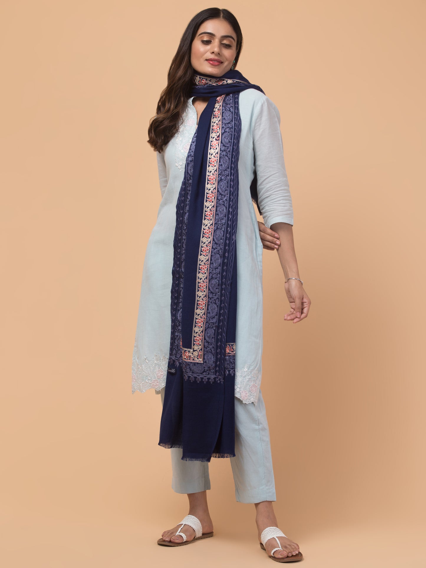 Tweedle Fine Wool Embroidered Stole for Women - Navy Blue, Size -28x80