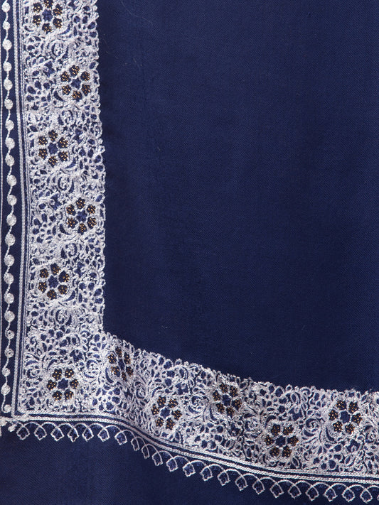 Fine Wool Embroidered Stole, Floral Pattern and Stone Work Border, Navy Blue