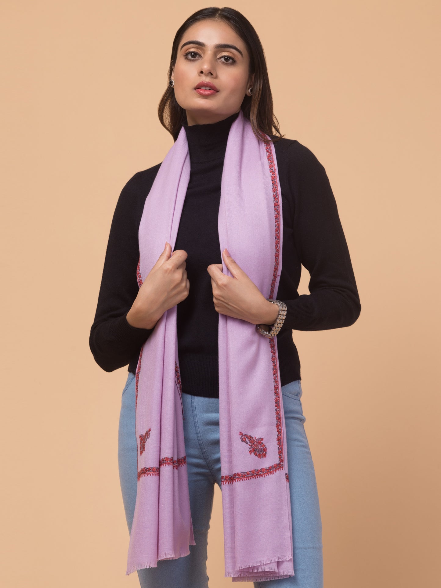 Fine Wool Plain Traditional Kingri Stole with Hand Embroidery Border - Purple