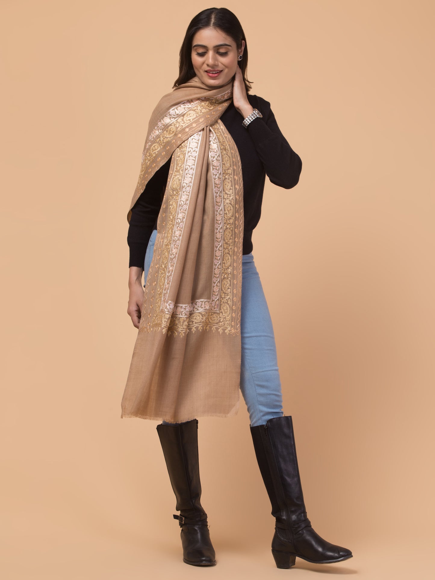 Tweedle Fine Wool Embroidered Stole for Women - Beige, Size -28x80